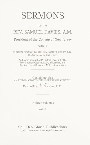 כריכת הספר "Sermons of Samuel Davies Vol 1" מאת Davies Samuel